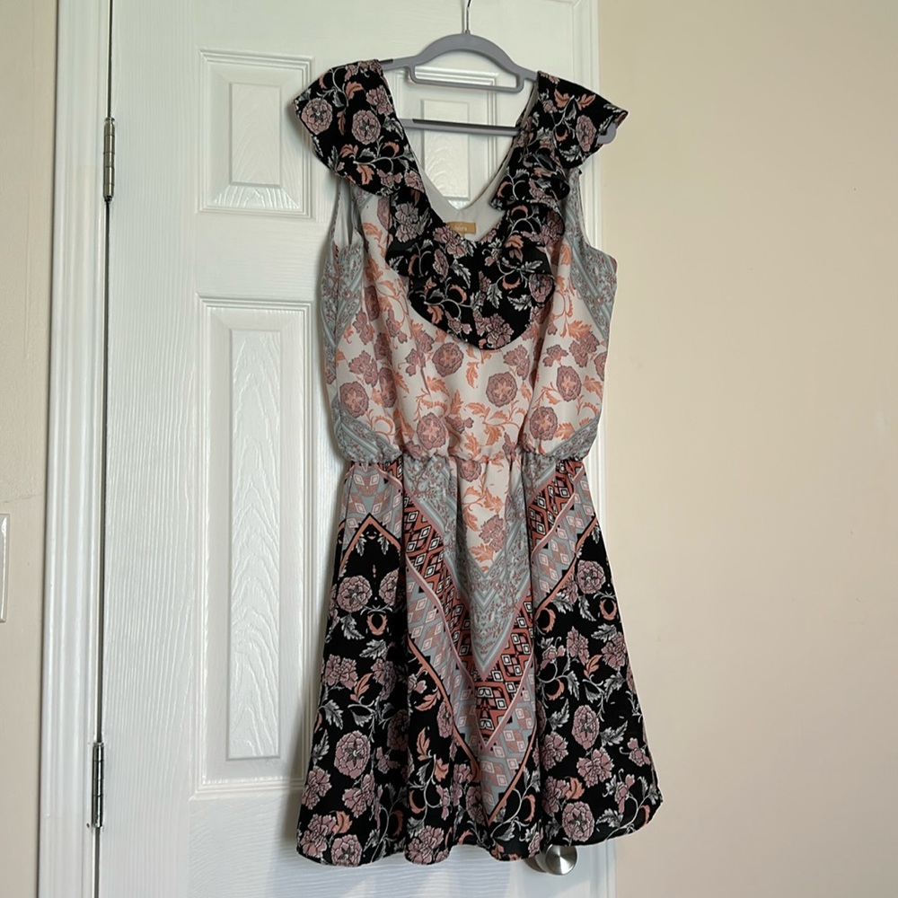 Takara‎ Dress XL Black with Pink Sleeveless Ruffles Stretchy Waist